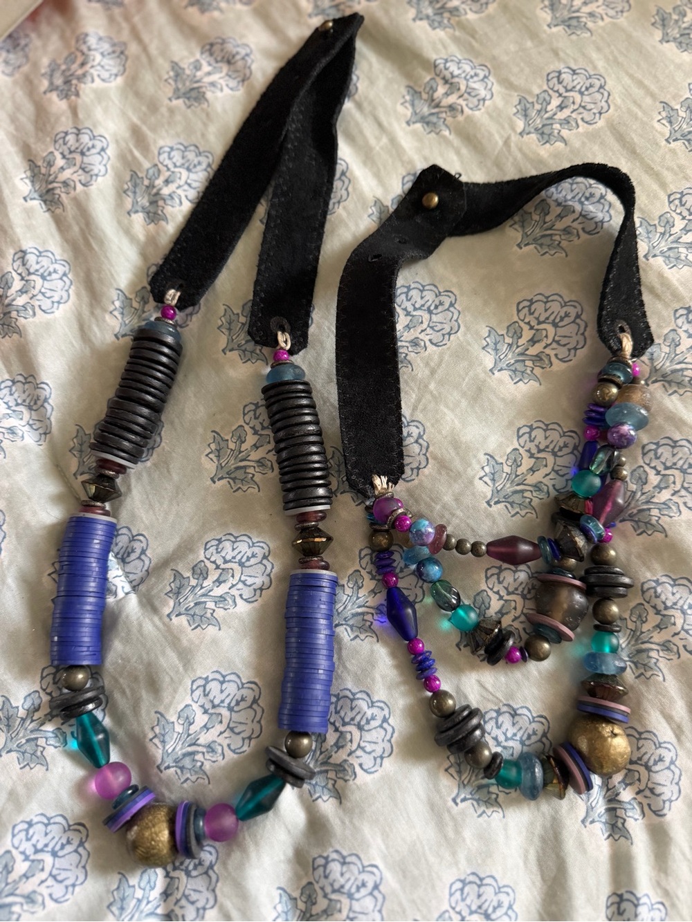 Twine and Twig Multicolor handmade Beaded Necklace with Black Suede Tie